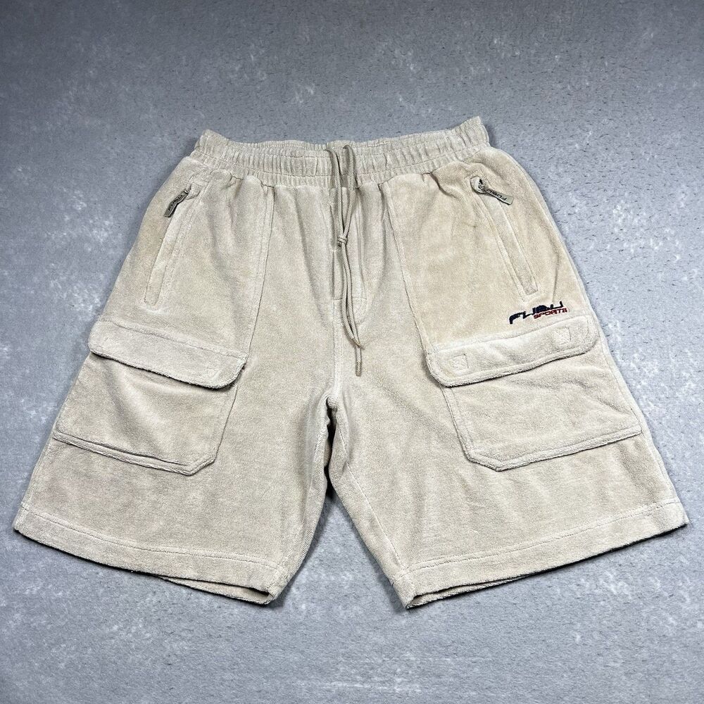 Vintage Fubu Shorts Mens Size XL Beige Cargo Shorts Pockets Y2K Drawstring